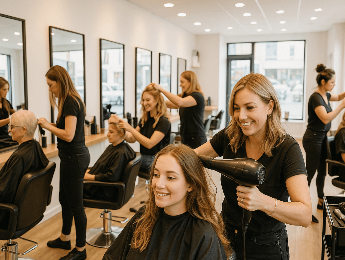 A bright, modern hair salon in Taunton with several professional stylists working with clients, blow-drying, cutting and styling hair in a lively, welcoming atmosphere.