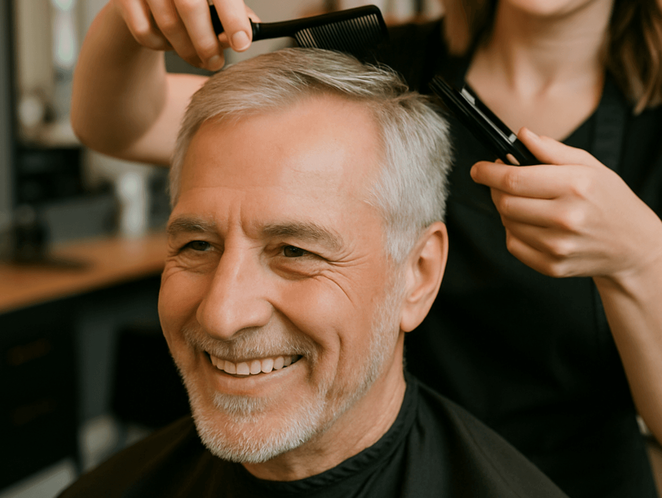 A smiling mature man with silver hair receives a haircut from a female stylist in a bright, modern salon.