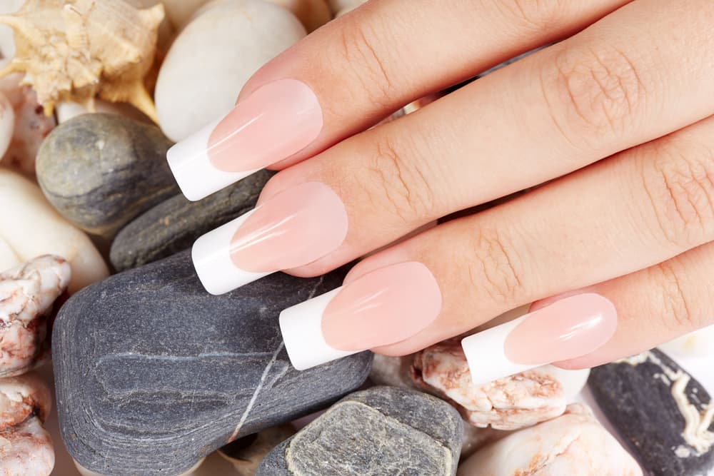 Close-up of elegant French nail extensions on natural nails at Honeys Hair & Beauty Taunton