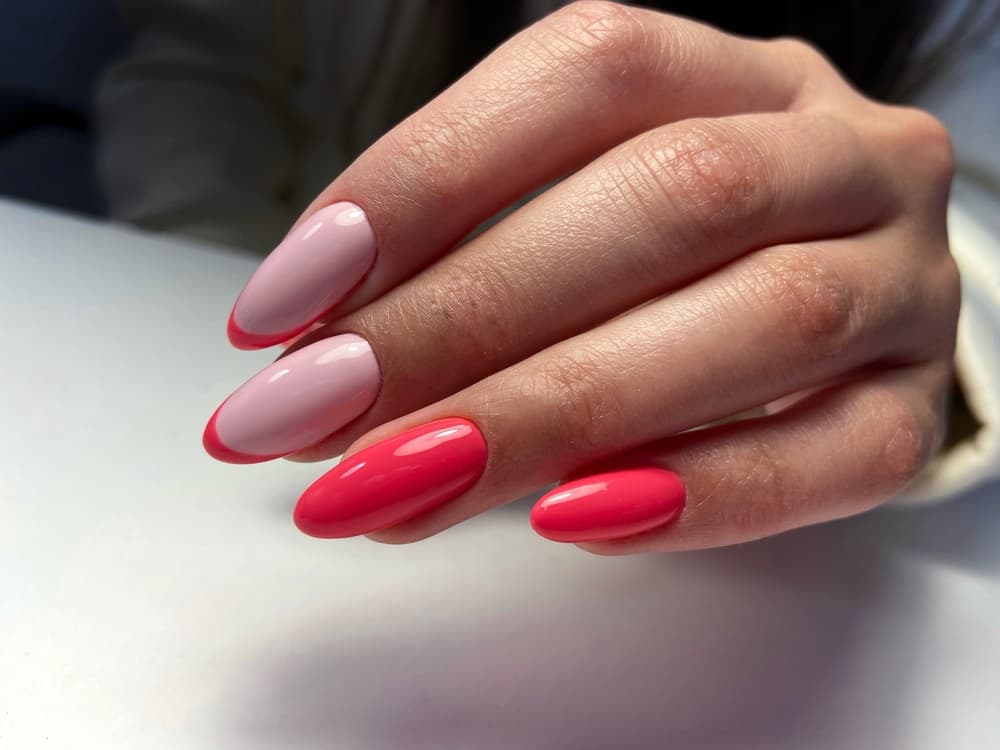 Stylish pink and nude nail overlays with glossy finish at Honeys Hair & Beauty Taunton
