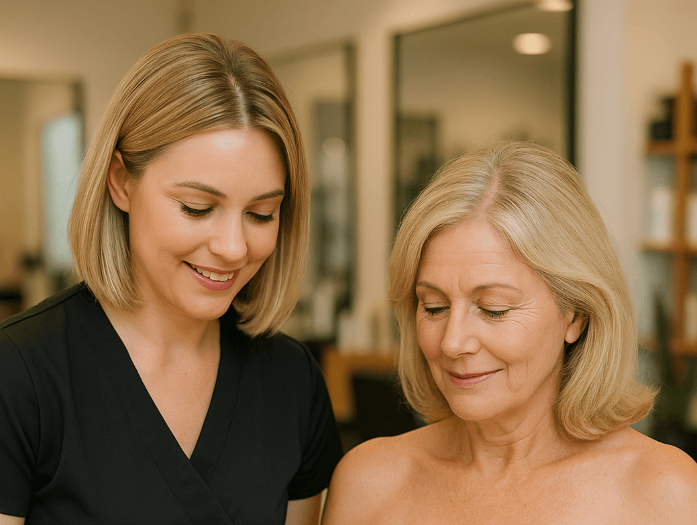 A beauty therapist applies soothing skincare lotion to a client's thigh in a bright, modern salon setting after an intimate waxing treatment. The client, wrapped in a white towel, smiles comfortably during the aftercare session.