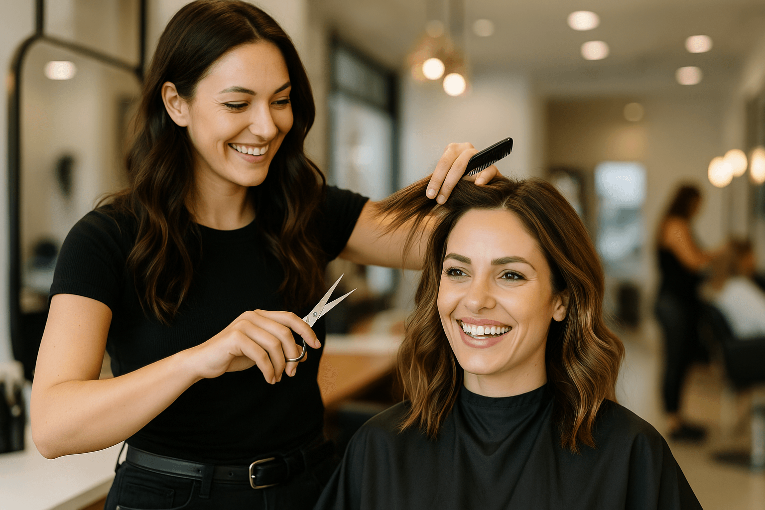 A smiling female client having her hair cut by a cheerful stylist in a bright, modern Taunton hair salon, with both women looking happy and relaxed.