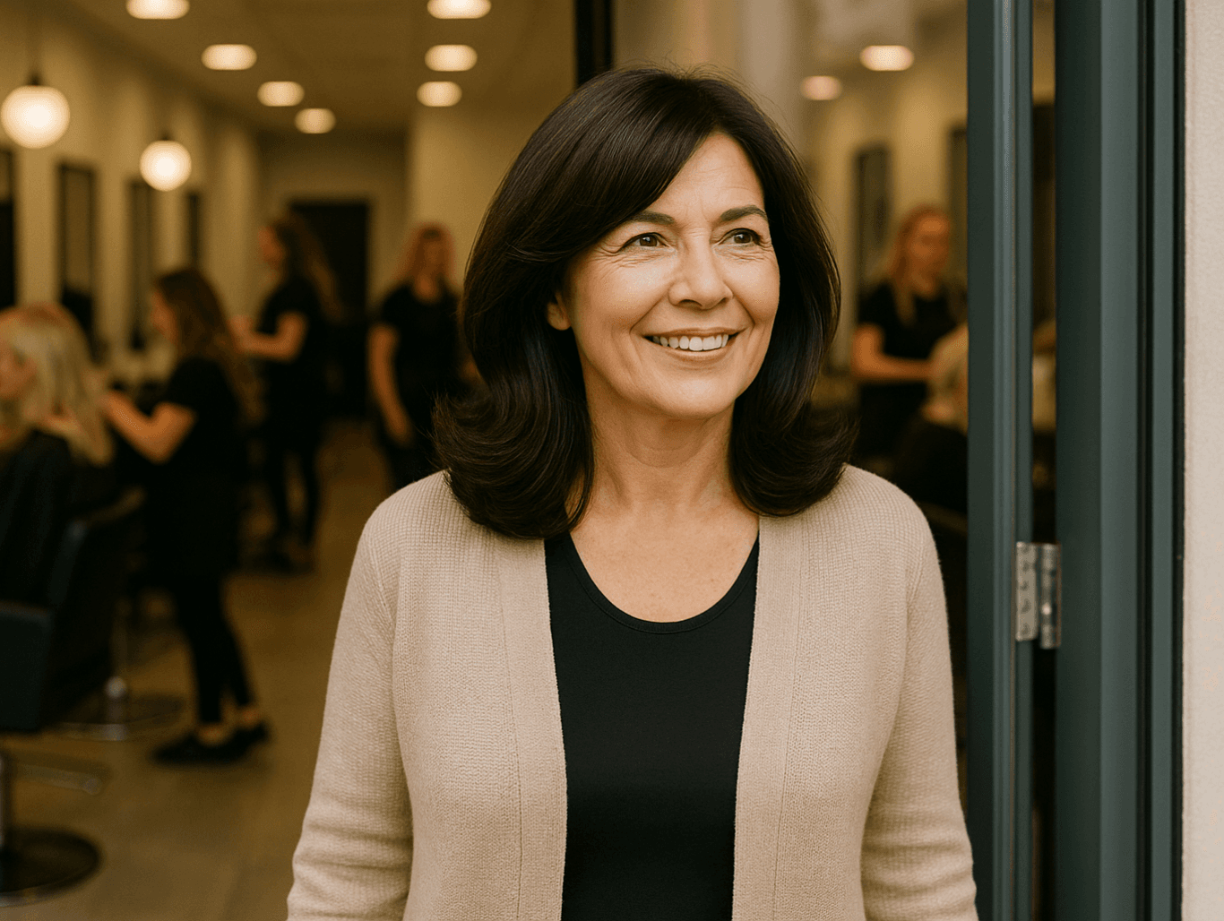 A mature woman with glossy brunette hair steps out of a busy salon, smiling confidently after a professional hair appointment.